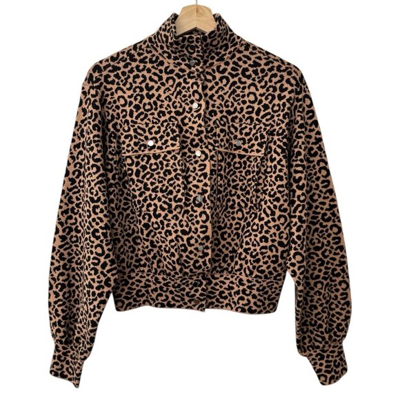 Marled Cheetah Crop Jacket Brown Animal Print Snap Button Moto Stretch Shacket - Picture 1 of 9